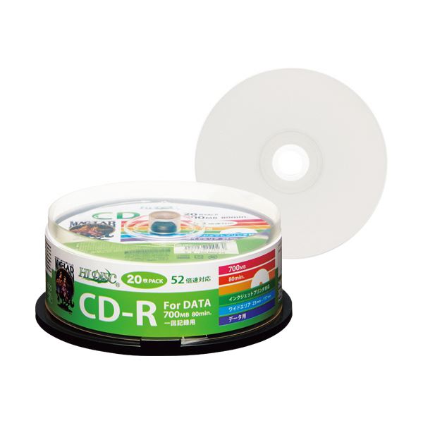 （まとめ）ハイディスク データ用CD-R700MB 52倍速 ホワイトワイドプリンタブル スピンドルケ—ス HDCR80GP20 1パック(20枚) 【×10セット】