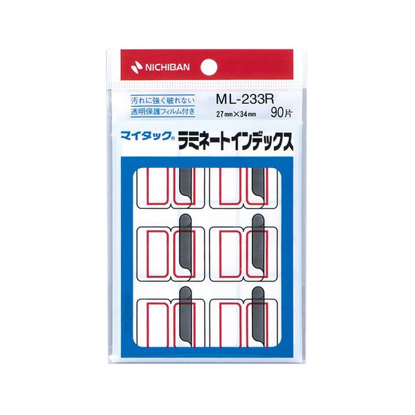 ■商品内容【ご注意事項】・この商品は下記内容×50セットでお届けします。ラミネートインデックス●汚れにくく破れない、透明保護フィルム付■商品スペックタイプ：紙ラベル、透明保護フィルム付サイズ：大色：赤ラベルサイズ：タテ27×ヨコ34mm透明保護フィルムのサイズ：タテ27×ヨコ34mmラベルの厚さ：0.15mmフィルムの厚さ：0.02mm材質：上質紙重量：32gその他仕様：●合計片数:90片備考：※重量:パッケージ含む【キャンセル・返品について】商品注文後のキャンセル、返品はお断りさせて頂いております。予めご了承下さい。■送料・配送についての注意事項●本商品の出荷目安は【1 - 5営業日　※土日・祝除く】となります。●お取り寄せ商品のため、稀にご注文入れ違い等により欠品・遅延となる場合がございます。●本商品は仕入元より配送となるため、沖縄・離島への配送はできません。[ ML-233R ]