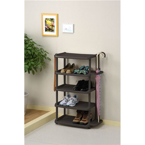 シューズラック 下駄箱 5段 ダブル ブラウン 日本製 玄関収納 靴収納 ワイド 傘立て スリッパラック エ..