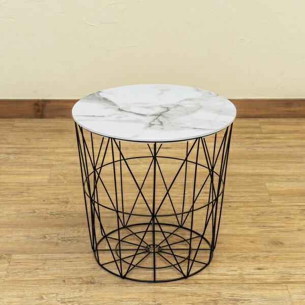 ミニテーブル 約幅40cm 円形 マーブルホワイト 収納バスケット付き マルチ サイドテーブル 完成品 リビング インテリア家具【代引不可】
