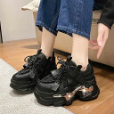 \SS限定30%OFFセール!/ 厚底 8cm レディース スニーカー ダッドスニーカー シューズ 軽量 歩きやすい 編み上げ おしゃれ ブラック ホワイト 靴 韓国 疲れにくい 美脚 盛れる 太ヒール ウェッジソール 履きやすい ダッドシューズ カジュアル かわいい 送料 無料 黒 白