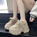 \SS限定30%OFFセール!/ 厚底 8cm レディース スニーカー ダッドスニーカー シューズ 軽量 歩きやすい 編み上げ おしゃれ ブラック ベージュ 靴 韓国 疲れにくい 美脚 盛れる 太ヒール ウェッジソール 履きやすい ダッドシューズ カジュアル かわいい 送料 無料