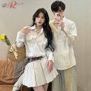 ペアルック ペアお揃い 縞柄 ワンピース 韓国風 縞柄 シャツ ベージュ カップル ペアシャツ リンクコーデ カップル お揃い 海遊び 長袖 春 夏 秋 ビーチウエア ゆったりシャツ ハワイ 男 カップルペア 海リゾート 沖縄 旅行 夫婦お揃い 夏休み 誕生日 記念日 プレゼント