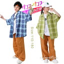 キッズダンス衣装 セットアップ 半袖 チェック柄 シャツ カーゴパンツ ダンストップス 長ズボン カーキパンツ かっこいい ヒップホップ ゆったり 韓国 ダンス衣装 子供 練習着 発表会 hiphop 演出服 ステージ衣装 団体注文可 110 120 130 140 150 160 170 180
