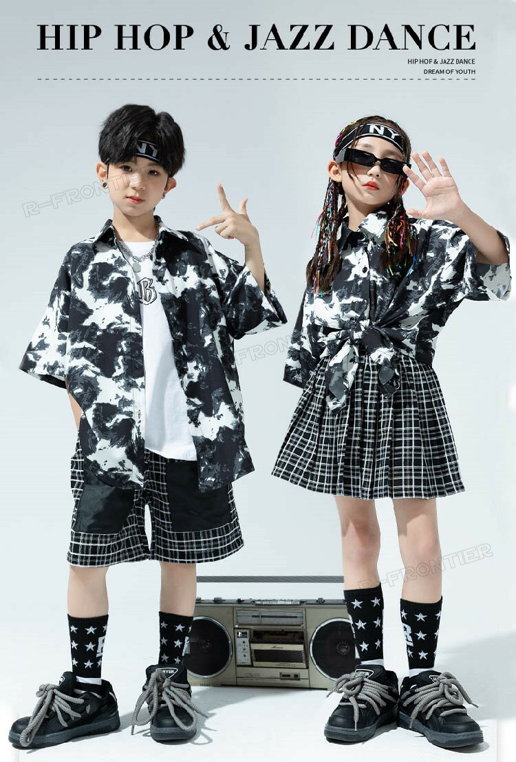 キッズ ダンス衣装 花柄シャツ セットアップ 女の子 男の子 ヒップホップ かっこいい チェック柄スカート 韓国 k-pop衣装 ジャズダンス 半袖 ハーフパンツ ワイドパンツ チアダンス衣装 子供服 イベント 応援団 練習着 ステージ衣装 演出服 発表会 大きめ 110-180CM 2