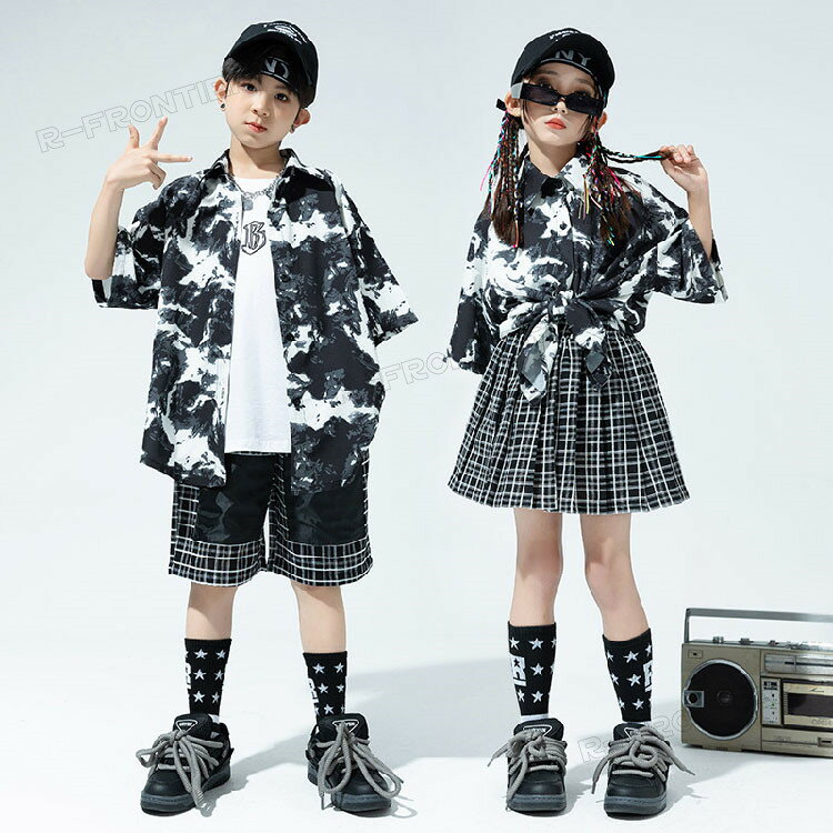 キッズ ダンス衣装 花柄シャツ セットアップ 女の子 男の子 ヒップホップ かっこいい チェック柄スカート 韓国 k-pop衣装 ジャズダンス 半袖 ハーフパンツ ワイドパンツ チアダンス衣装 子供服 イベント 応援団 練習着 ステージ衣装 演出服 発表会 大きめ 110-180CM 3