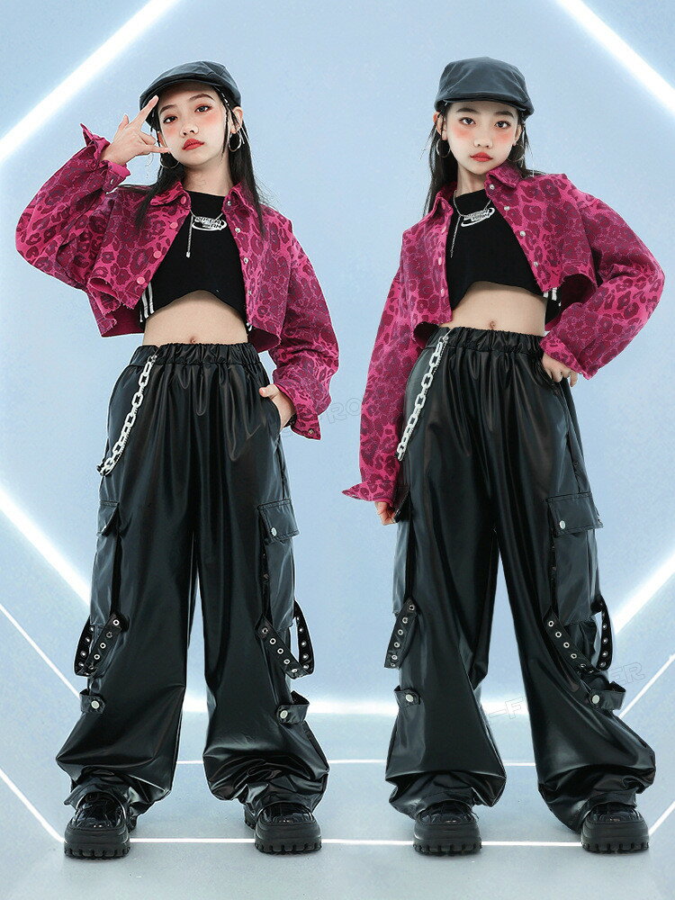 キッズ へそ出し トップス ダンス衣装 女の子 セットアップ レザーパンツ ヒョウ柄 長袖tシャツ かっこいい タンクトップ 韓国 k-pop 衣装 ヒップホップ ワイドパンツ ジャズダンス チアガール キッズダンス衣装 団体服 イベント 演出服 応援団 ステージ 衣装 110-180cm