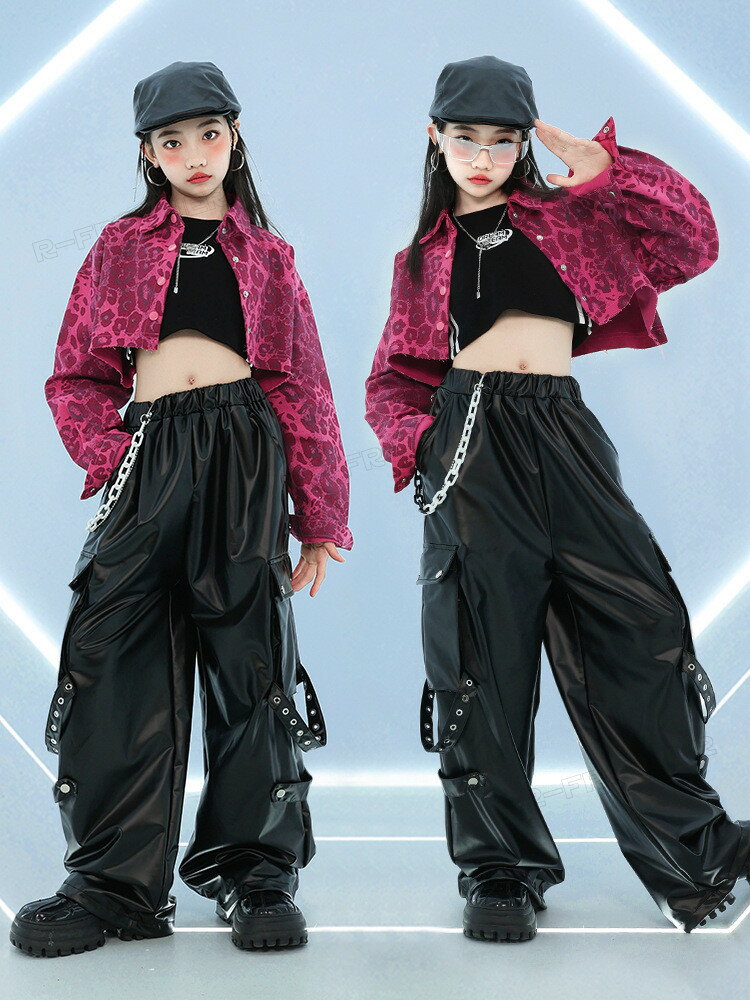 キッズ へそ出し トップス ダンス衣装 女の子 セットアップ レザーパンツ ヒョウ柄 長袖tシャツ かっこいい タンクトップ 韓国 k-pop 衣装 ヒップホップ ワイドパンツ ジャズダンス チアガール キッズダンス衣装 団体服 イベント 演出服 応援団 ステージ 衣装 110-180cm