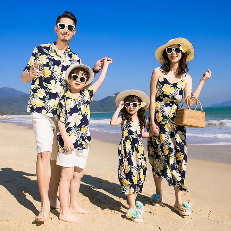 親子 ペアルック リンクコーデ シャツ 黄色 花柄 親子ペア ワンピース ビーチ 親子 家族 お揃い tシャ..