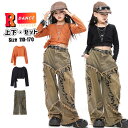 キッズ ダンス 衣装 セットアップ k-pop 衣装 へそ出し トップス デニムパンツ 茶 ジーンズ ダメージ 黒 オレンジ 長袖シャツ ロングパンツ 長パンツ...