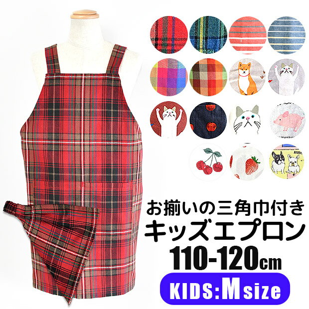 エプロン 子供用 ＼5％OFF★／【送料無料】 キッズエプロン 子供用エプロン 三角巾セット 三角巾 エプロンセット 三角巾付き 綿100% コットン キッズMサイズ H型エプロン ブラック/アイボリー/シルバー/ピンク/ベージュ/グリーン/ブルー 110cm 120cm