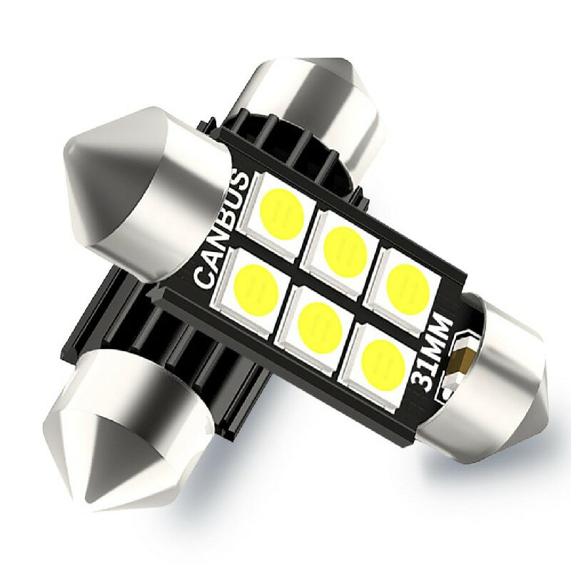 楽天ショップスパークル12V-24V車用 T10 31mm LED ルームランプ ホワイト爆光 6500K キャンセラー内蔵 3030SMD 6連搭載 LEDルームライト/トランク/室内灯/車内灯/ナンバー灯 汎用 LEDバル 定電流回路 無極性（2個入り）