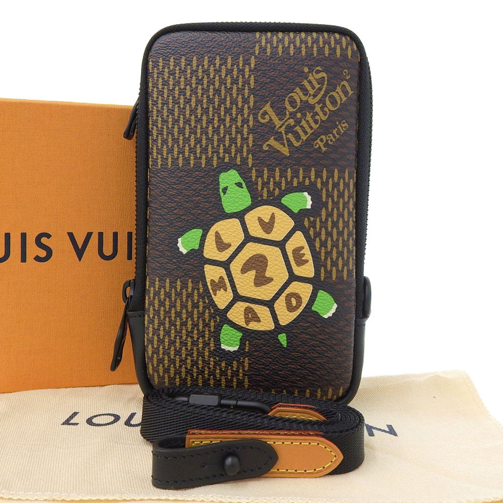 【8/1 P2倍】【本物保証】 箱 布袋付 未使用 ルイヴィトン LOUIS VUITTON ダミエ エベヌ ジャイアント ダブル フォン ポーチ ショルダーバッグ 亀 N40377 【中古】