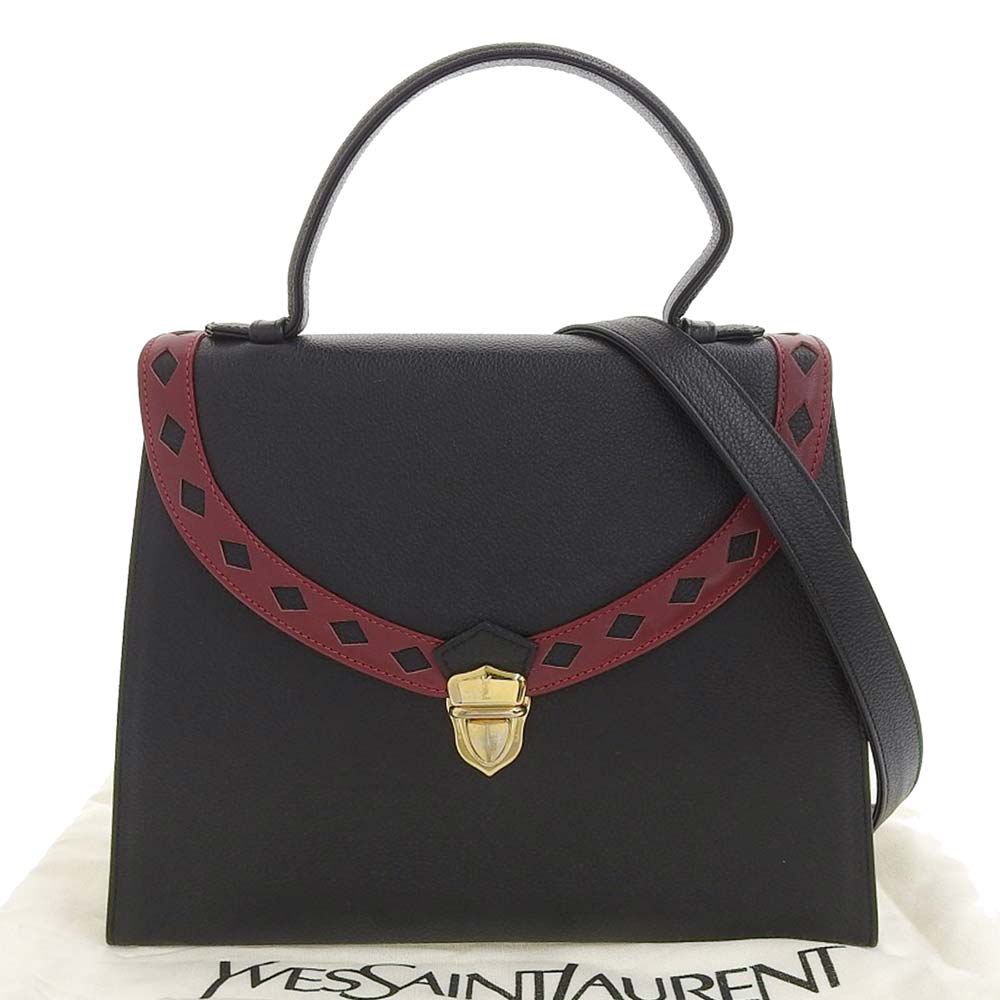 【本物保証】 布袋付 超美品 イヴサンローラン Yves Saint Laurent YSL ロゴ ダイヤカット 2WAYバッグ レザー 黒×赤 ヴィンテージ 希少 【中古】