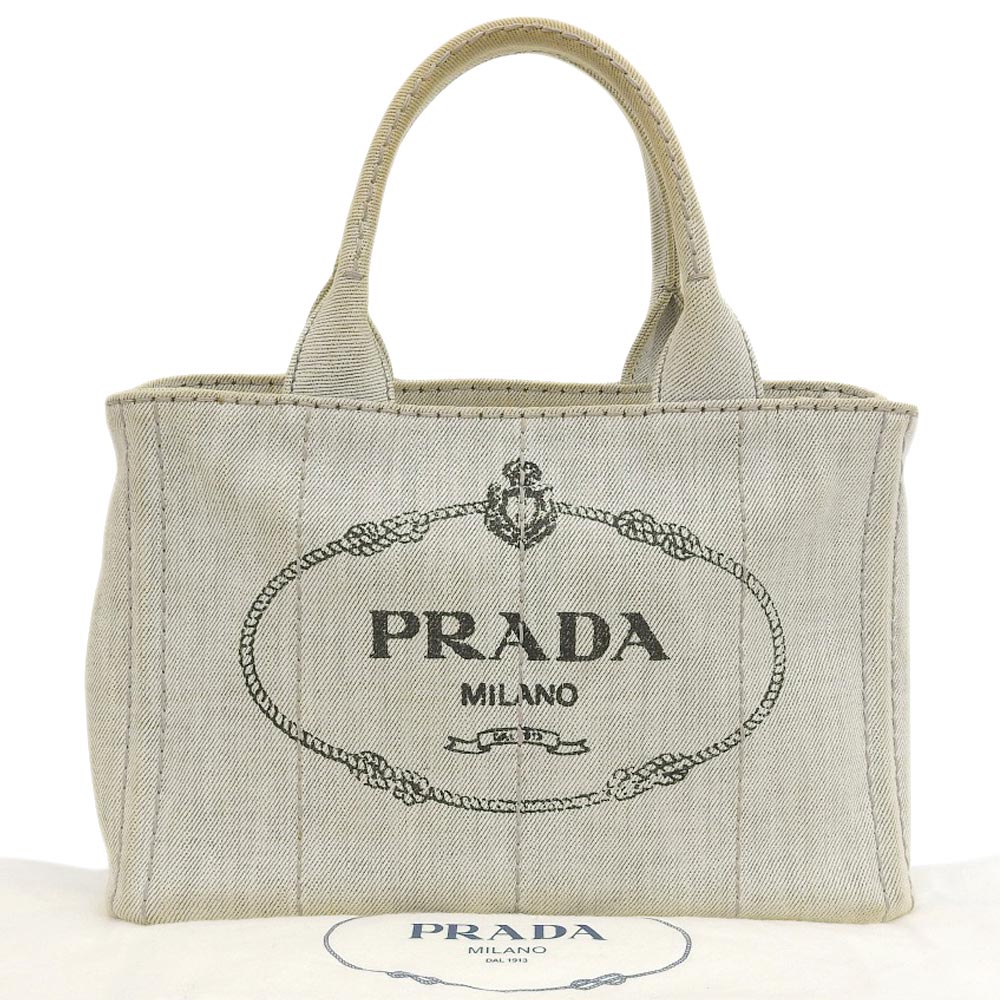 【本物保証】 布袋付 プラダ PRADA カナパトート ロゴ トートバッグ デニム BIANCO ライトグレー 1BG439 【中古】