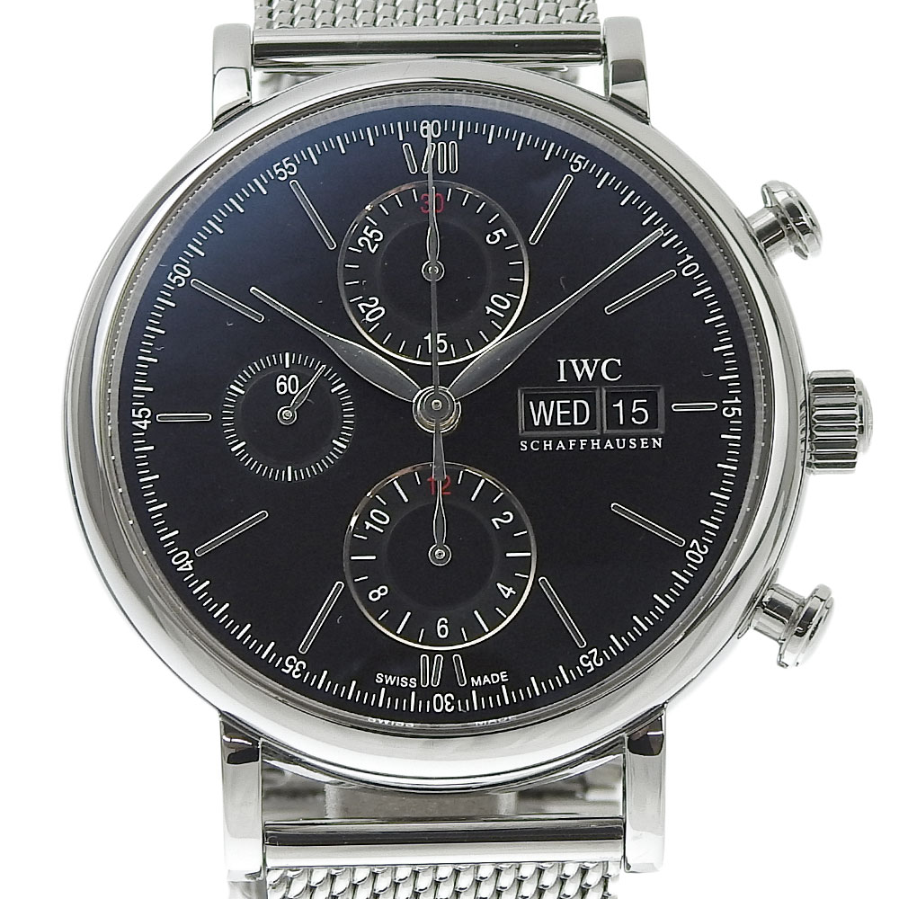 【本物保証】 保付 新品同様 IWC ポートフィノ メンズ 自動巻き オートマ 腕時計 クロノグラフ デイデイト 黒文字盤 IW391010 2023/11 OH済 【中古】