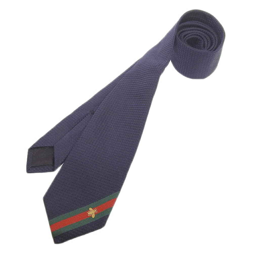 【本物保証】 新品同様 グッチ GUCCI ウェブライン ビー ナロータイ ネクタイ シルク ネイビー 蜂 ハチ シェリーライン 【中古】