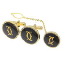【本物保証】 箱付 カルティエ CARTIER ロゴ カフス・タイピンセット ゴールド ブラック タイタック ヴィンテージ 【中古】