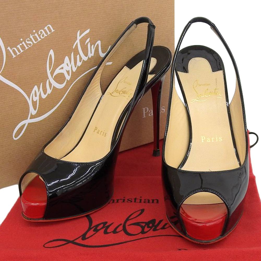 【本物保証】 箱・布袋付 クリスチャン ルブタン CHRISTIAN LOUBOUTIN オープン トゥ パンプス ハイヒール 靴 エナメル ブラック 36 1/2 【中古】