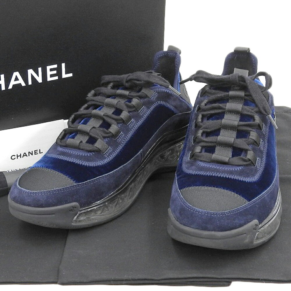 【本物保証】 箱・布袋付 超美品 シャネル CHANEL ココマーク ロゴ ローカットスニーカー 靴 ベロア 紺 黒 41 メンズ G36300 Y54086 レア 【中古】