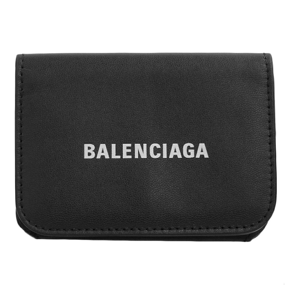 【本物保証】 超美品 バレンシアガ BALENCIAGA ロゴ コンパクトウォレット 594312 Wホック折財布 レザー ブラック 黒 【中古】