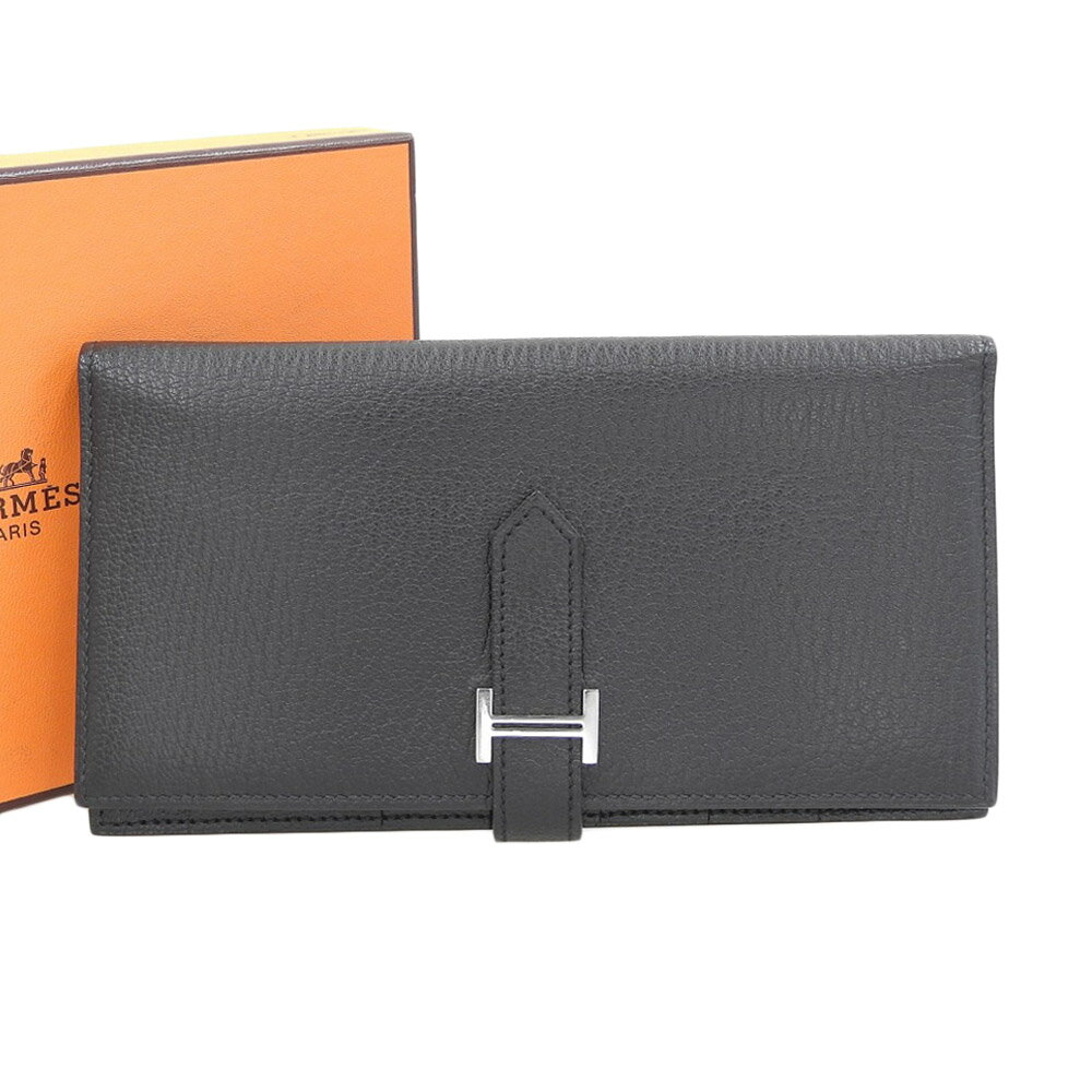 【本物保証】 箱付 超美品 エルメス HERMES ベアンスフレ 二つ折り長財布 シェーブル 黒 ブラック シルバー金具 □N刻印 希少 レア 【中古】