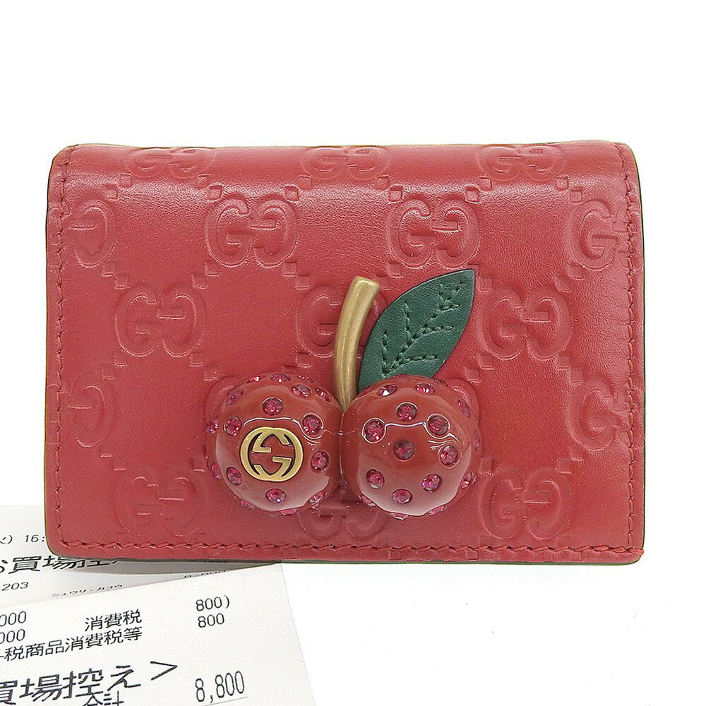 楽天高島屋質店【創業70年老舗質屋】【本物保証】 保付 超美品 グッチ GUCCI グッチシマ 二つ折り財布 ホック付折財布 シマレザー チェリー レッド 赤 476050 1147 【中古】