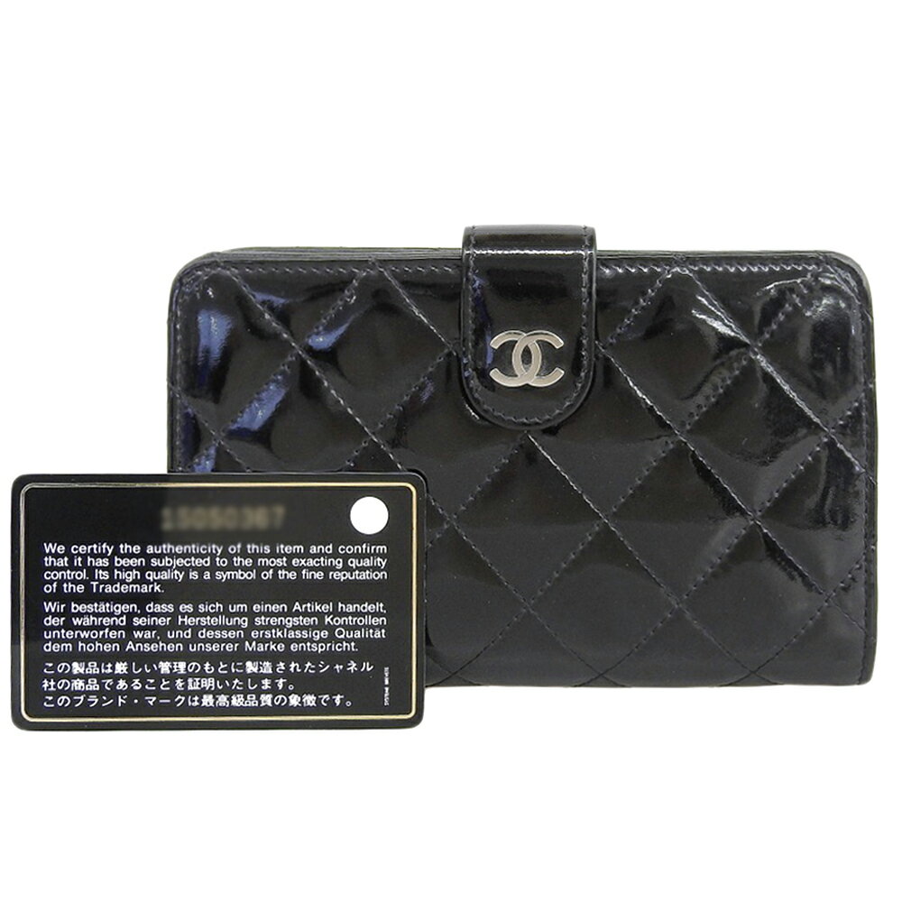 【本物保証】 保付 シャネル CHANEL ココマーク ロゴ ラウンドファスナー ホック付折り財布 エナメル 黒 シール付 15番台 A48667 希少 レア 【中古】