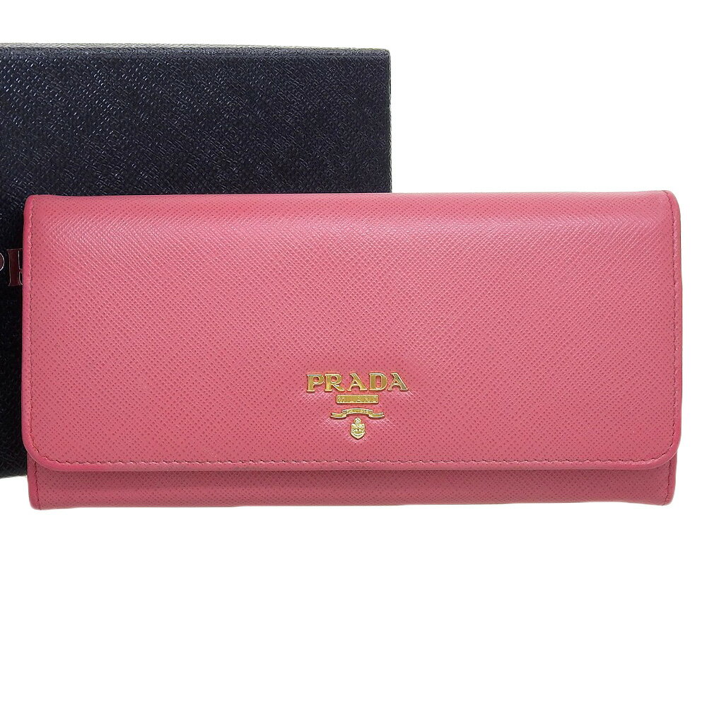 【本物保証】 箱付 超美品 プラダ PRADA ホック付長財布 サフィアーノレザー ピンク 1M1132 【中古】