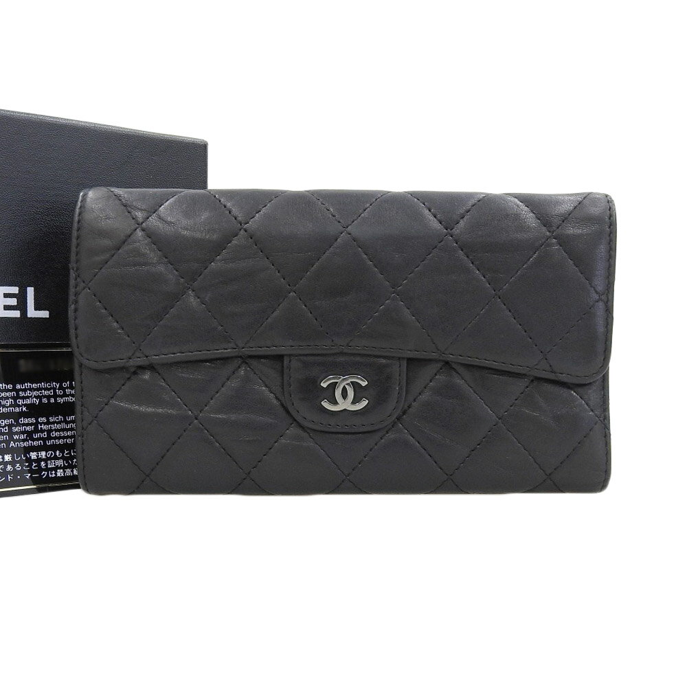 【本物保証】 箱・保付 シャネル CHANEL ココマーク マトラッセ タイムレス 10番台 三つ折り長財布 ラムスキン 黒 ブラック シール付 【中古】