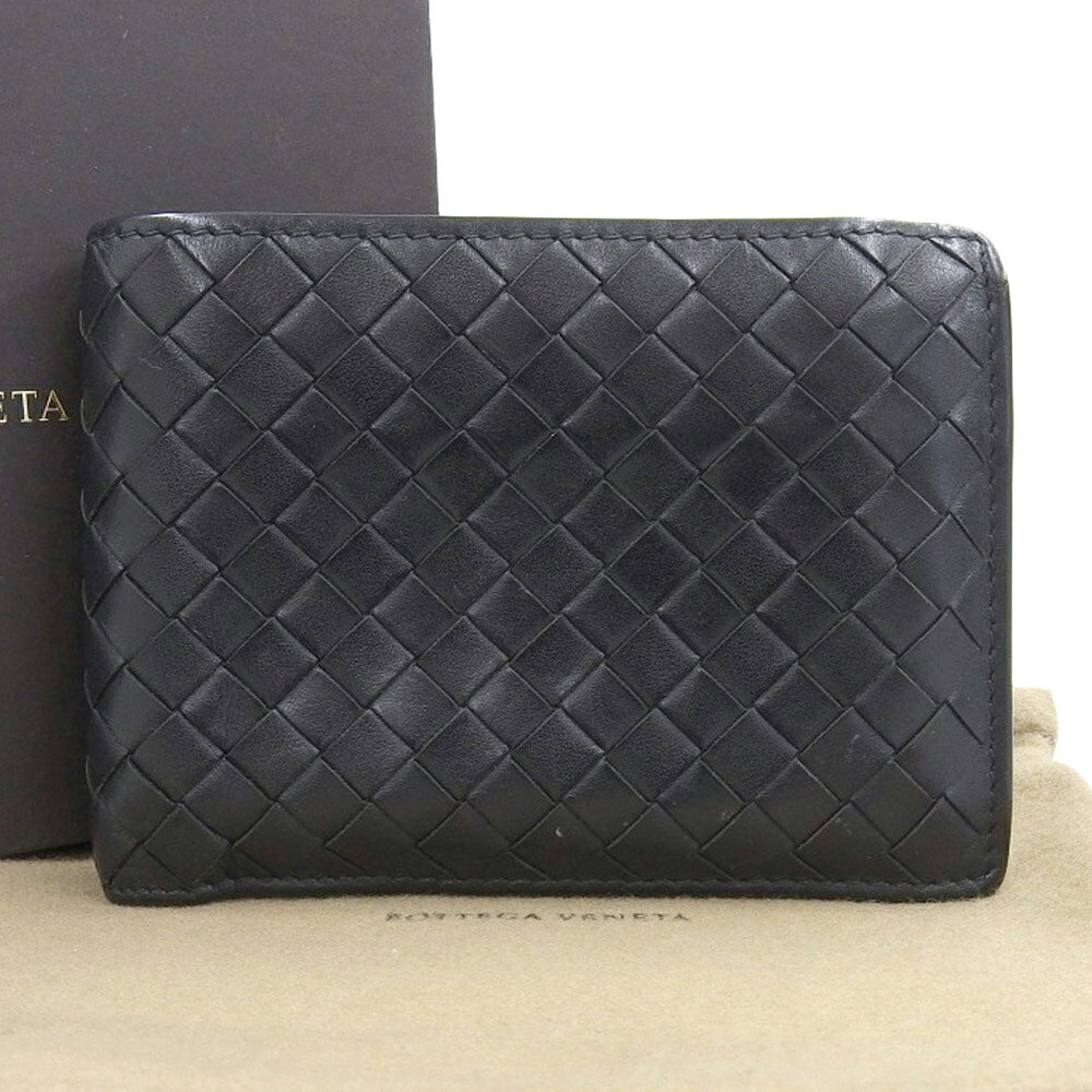 【本物保証】 箱・布袋付 ボッテガヴェネタ BOTTEGA VENETA イントレチャートコインケース付 二つ折り財布 113112V4651 レザー ブラック 黒 【中古】