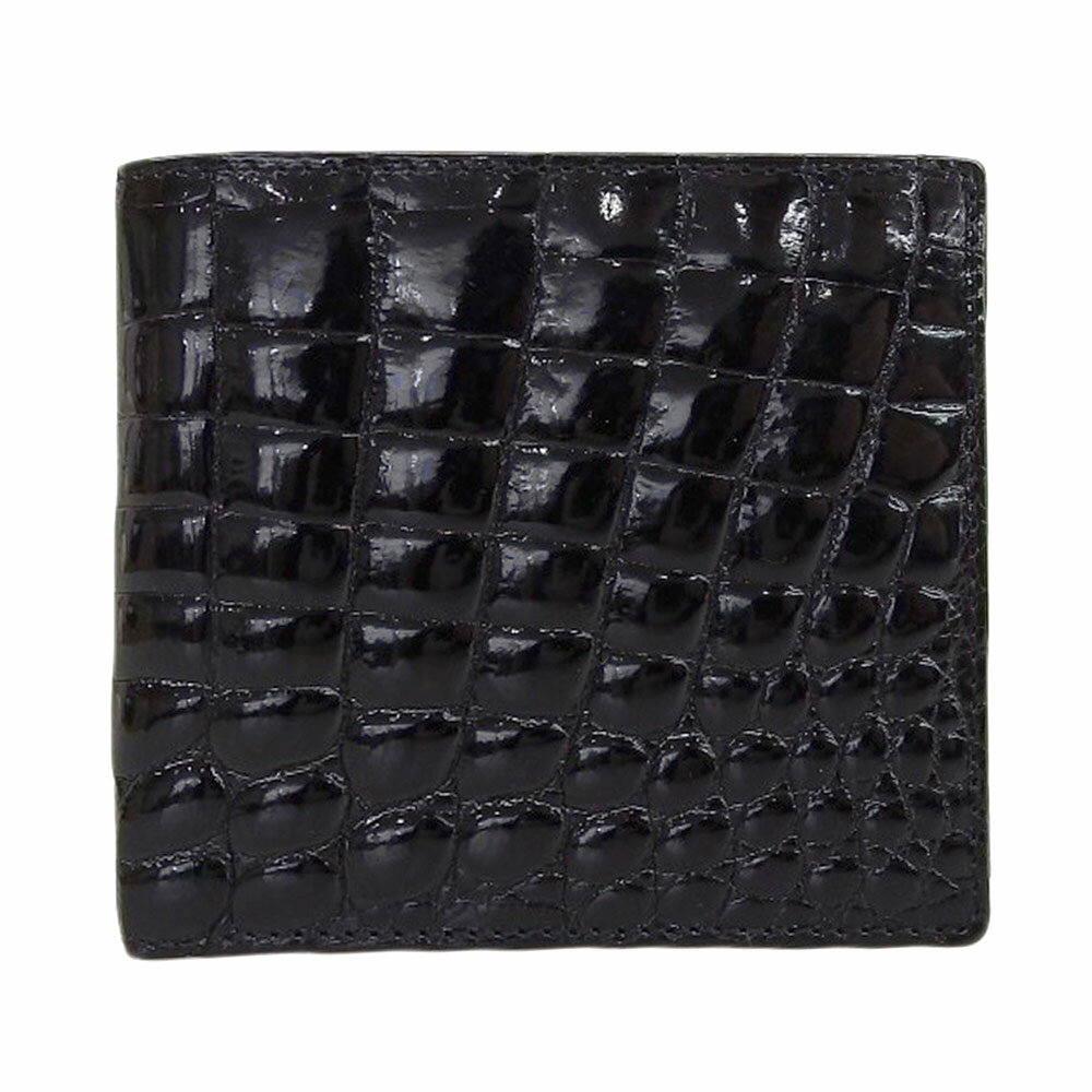 【本物保証】 超美品 二つ折り財布 クロコダイル シャイニーブラック 無双 ノーブランド No brand 【中古】