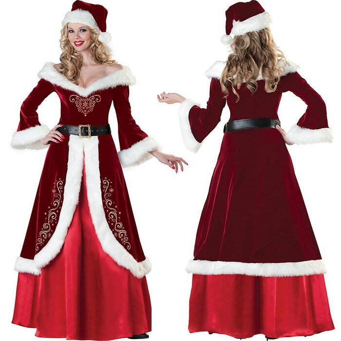 サンタ コスプレ レディース ロング クリスマス 衣装 大人 サンタクロース ワンピース レディース 帽子付き 3点セット 大きいサイズ サンタクロース ワンピース コスチューム