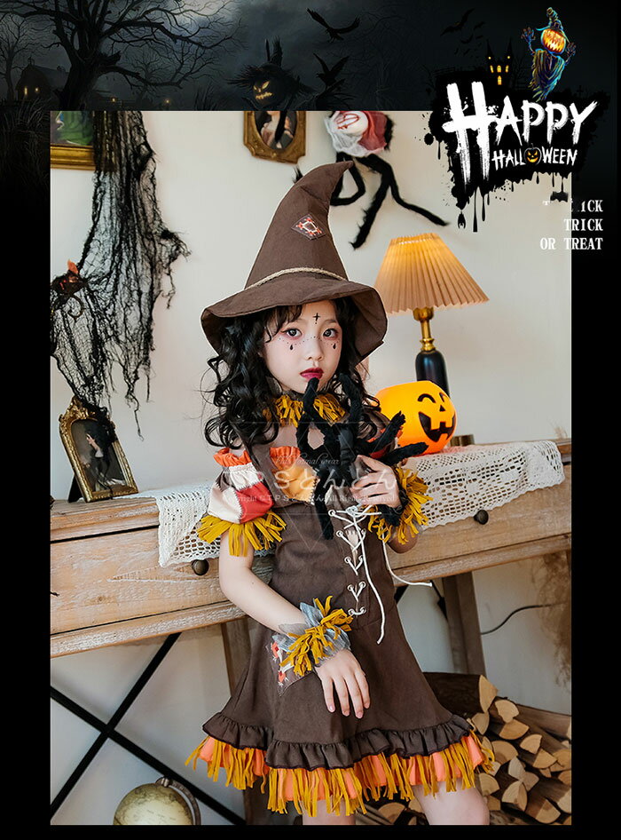 【4点セット】魔女 デビル 子供 ハロウィン 衣装 オレンジ コスプレ ワンピース 女...