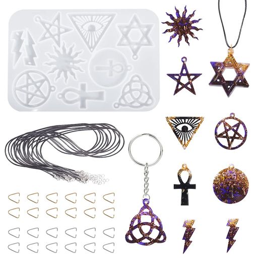 FineInnoシリコンモールド魔法陣型パンクイヤリングマジックペンダント形パンクスタイルピアスダングル+三角形クリップクラスプゴールド/シルバー12個+ブラックレザーコードネックレス10…