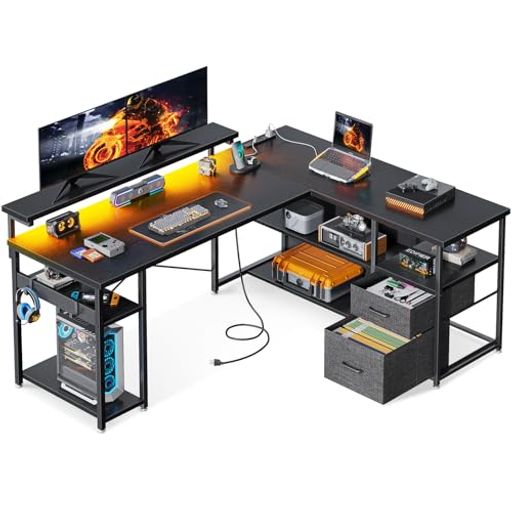 ODKパソコンデスク引き出し2杯付きゲーミングデスクコンセント付きl字デスクデスク机幅135cm棚付きpcデ..