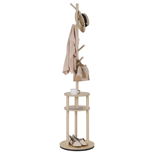 VECELOポールハンガー幅40x奥行き40x高さ165CMコートハンガーハンガーラック帽子掛け玄関収納木製おしゃれ衣類収納帽子掛け6つフック2段棚組立簡単ライ...