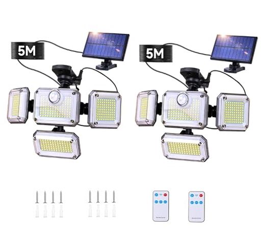 センサーライト屋外ソーラーライト分離型【333LED自由調整4灯式5M延長コード2400mAh大容量バッテリー】IP65防水防災対策自動点灯ガーデンライト屋外ウォールライト壁掛け/庭先/表玄関/駐車…