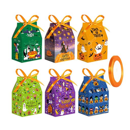 ハロウィンギフトボックス12個セットリボン付き10.5*7*5cmおばけかぼちゃ黒猫折り畳みギフトボックスハ..