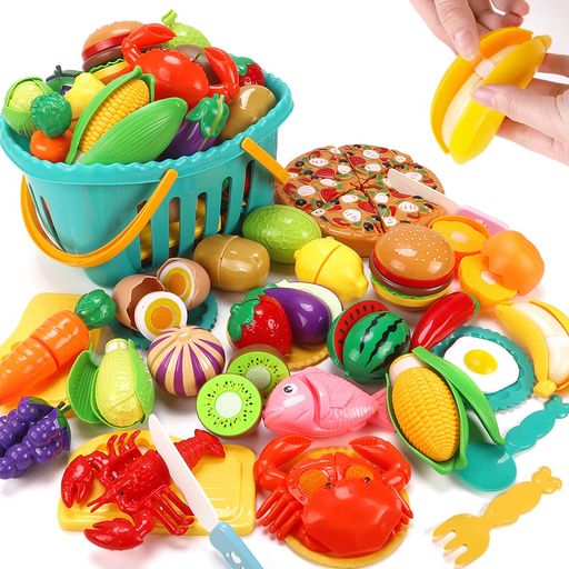 KaeKidおままごとセット野菜果物シーフードハンバーグコンロ食器台所用品セット収納かご付料理ごっこ切..