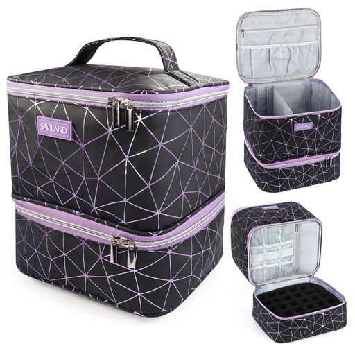 Savilandネイルポリッシュオーガナイザーバッグ:30ボトルとネイルランプ収納可能PUレザーネイルキットオーガナイザー黒マニキュア収納ケースネイルポリッシュキャリーケースジェルネイ…
