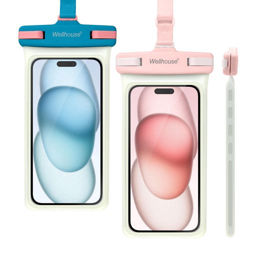wellhouse防水携帯電話ポーチ、iPhone15141312ProMaxXSSamsung、IPX83D携帯電話ドライバッグビーチエッセンシャルルミナスブルーピンク2パック7インチ