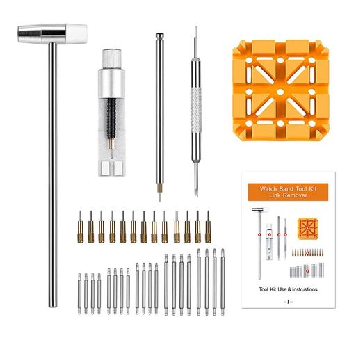 商品説明:時計バンド調整の専用修理ツールです。腕時計バンド調整、ベルト交換やサイズの調整などの時に、必要な工具がすべて揃っています。腕時計ベルト交換工具セットです。 腕時計ベルト交換工具セット内容:金属ハンマー*1ウォッチバンドリンクリムーバー*1バネ外棒*1腕時計ホルダー*1パンチ針*113PCSスペアニードル*120PCSの1.5Φスプリングバー(4*16/18/20/22/24mm)取扱説明書*1 商品使用:腕時計バンド調整修理工具、必要な全部揃っています、使用簡単になります。時計屋さんへ修理を頼まなくても、自分でも簡単にご利用できます。 商品品質:上品的な品質、優れた材質を採用して、実用性が高く用途広くな長持ちセットです。収納ケースも付いているので、持ち運びにも便利でございます。※注意:金属製ベルトリムーバーでベルトピンが取り外せない場合は、以下の条件に該当するかどうかを確認してください。1.パンチニードルの方向とベルトの矢印の方向が一致しているかどうかを確認します。2.ベルトピン穴と金属ベルトプルロッド前面の隙間が一致しているかどうかを確認します。