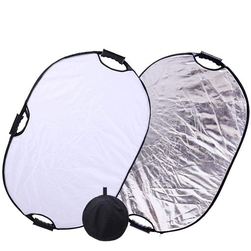 Konseen撮影用レフ板ハンドル付60x90cm銀白楕円レフ板2in1折り畳みスタジオレフ板マルチレフ板収納ポッ..