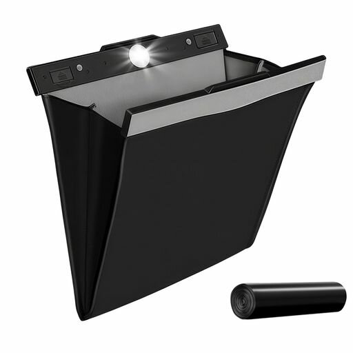 車ゴミ箱車用ゴミ箱多車種対応フックマグネット式大容量センサー付きLEDライトワンタッチ取り付けフック引っ掛け式スリム収納小物入れカー用品後部座席PUレザー収納にも使えるゴミ袋…