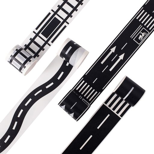 【商品仕様】ワイドバージョン 幅50mm、長さは5m、合計4個が入っているマスキングテープセットです。さまざまな道路 柄を取り入れ、お好みと意匠によってテープを自由に切ったり、合わせたりすることができます 【交通線の設計】鉄道、高速道路、車線、山道のパターンは、電車や車などのおもちゃと組み合わせて、子供たちの移動の楽園を作るのに非常に適しています 【貼って剥がせる】上質な和紙素材を採用し、絵柄ははっきりプリントさせ、色褪せせず、心置きなくご利 用いただけます。また、薄い割に柔軟性と程よい粘着力を持ち、相性よく貼り付けられながら痕跡も