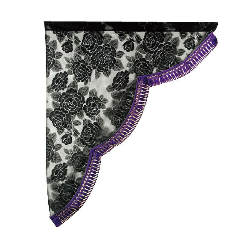 薔薇柄　レースサイドカーテン　三角型◎Mサイズ◎ブラック（黒）/フレンジ：パープル（紫）