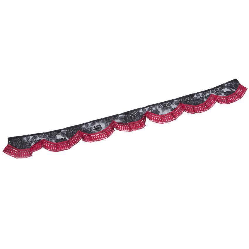 波型フロントカーテン　薔薇柄レース　サイズL（2.2m）　黒×レッド（赤）