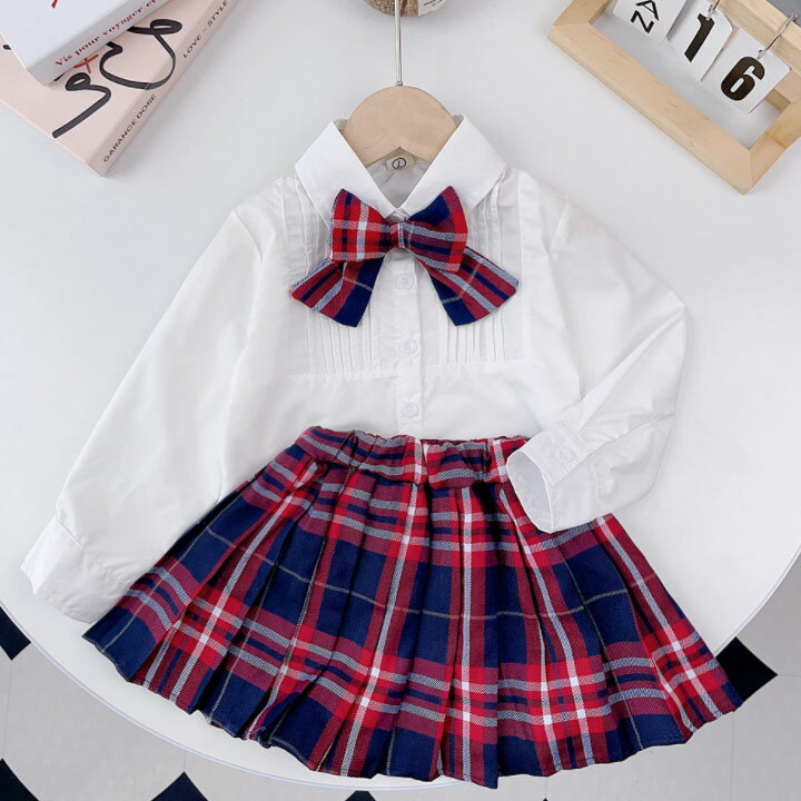 入学式 女の子 かわいい 長袖 スカート レッド リボン付き 学生制服 キッズ服 フォーマル セーラー 上..