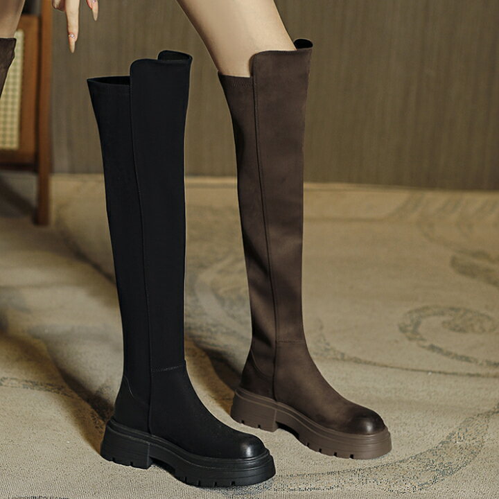 ロングブーツ 厚底 膝丈 ロング スエード 厚底ブーツ 春 秋 冬 美脚 ブーツ レディース ブラック ブラウン 大きいサイズ 黒 ロング 靴